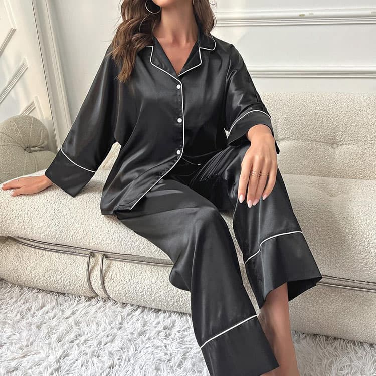 Solid Color Pants Factory Directly Fashion Long Sleeved Top Wholesale Satin Pajama Set Custom logo