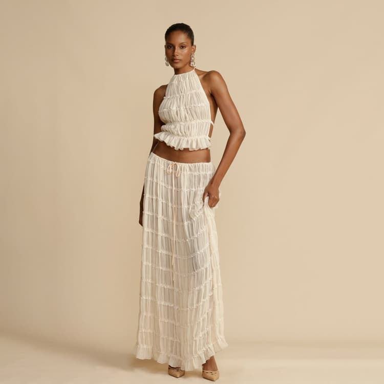 2024 French Chic Women Two-Piece Dress Ruffled Halter Backless Sexy Crop Top Low Waist Maxi Dress