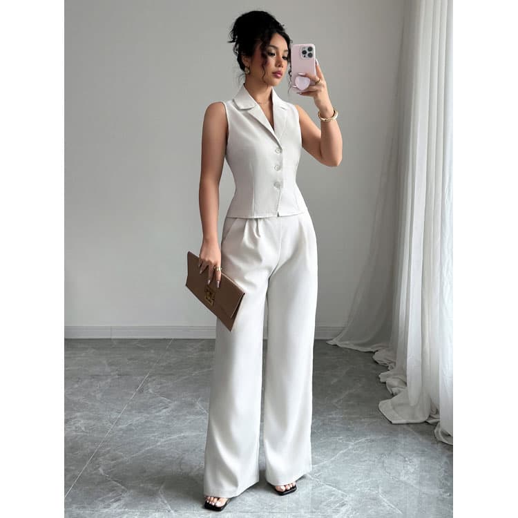 Solid Color Women Set Custom logo Sleeveless Lapel Vest Wholesale Loose Straight Pants Factory Direct