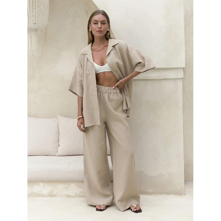 100% Cotton Women Set Wholesale Short Sleeve Solid Color Vest Custom logo Casual Loose Trousers Factory Direct