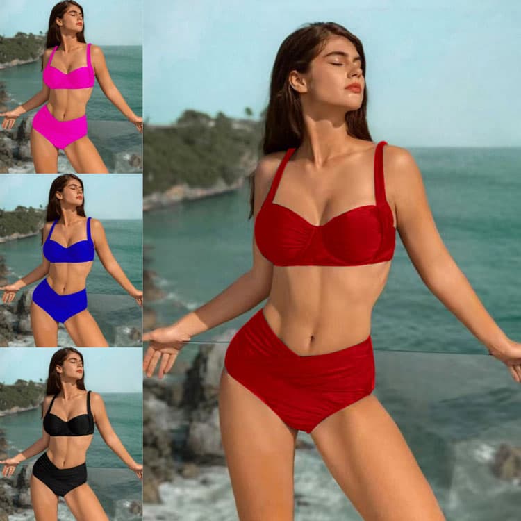 Wholesale Retro Push up Bikini Solid Color Fitness Swimsuit Sexy High Waist Folded Bikini