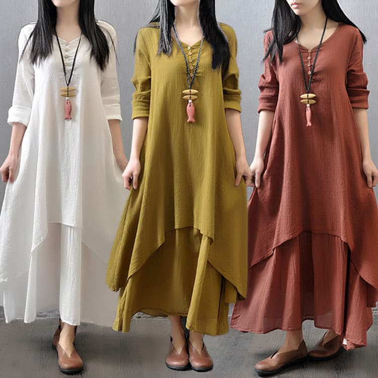 2024 New Solid Polyester Linen Dresses Single Breasted Loose Maxi Skirt Women Casual Long Dress
