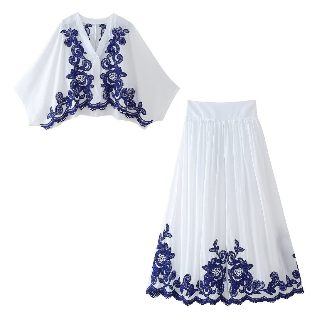 Embroidery suit wholesale V neck puff sleeve shirt custom logo Elastic long skirt factory directly