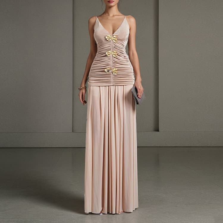 Pleated High End Evening Gown Wholesale V Neck slip Dress Custom logo Fashion Satin Dress Factory Direct