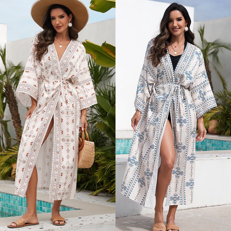 Tie Waist Rayon Shirt Wholesale Sun protection Cardigan Long Dress Bikini Beach Cover up Manufacturer