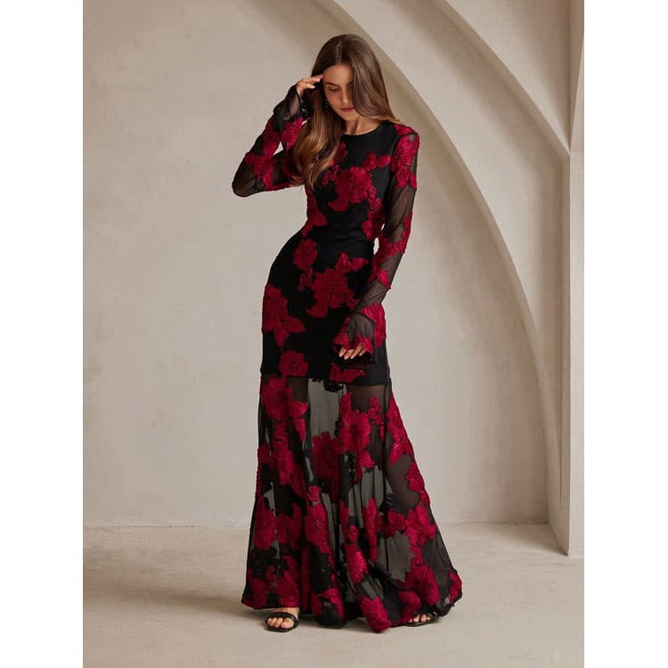 High Quantity Elegant Dress for Women 2025 Spring French Style Slim Waist V Neck Flower Embroidery Evening Dress