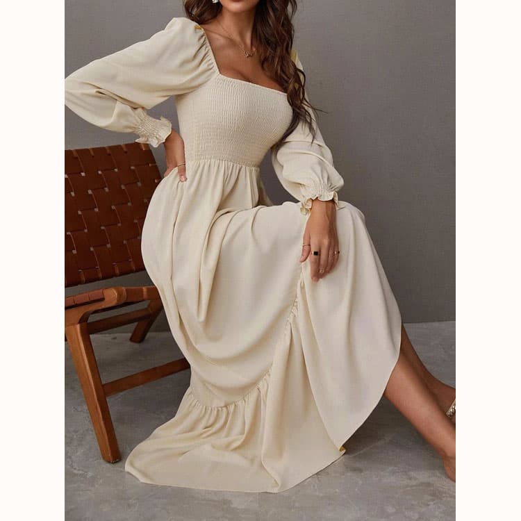 Square Neck Dress Wholesale Ruffle Dress Custom logo High Waist Elastic Dress Factory Directly