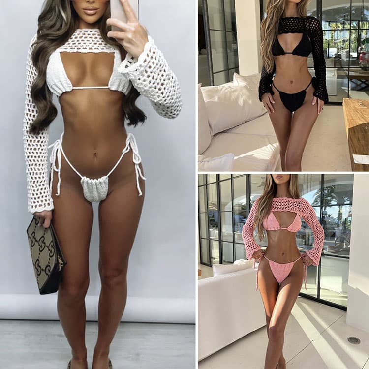 Wholesale Solid Color Swimsuit Hollow Out Beach Bikini Sexy Hand Crochet Tied Tassel Bikini Cover up Set
