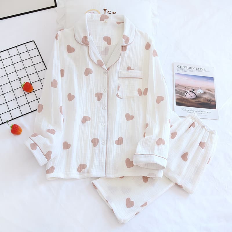 Heart Trousers Factory Directly Pure Cotton Soft Crepe Pajamas Manufacturer Printed Pajamas Set Wholesale