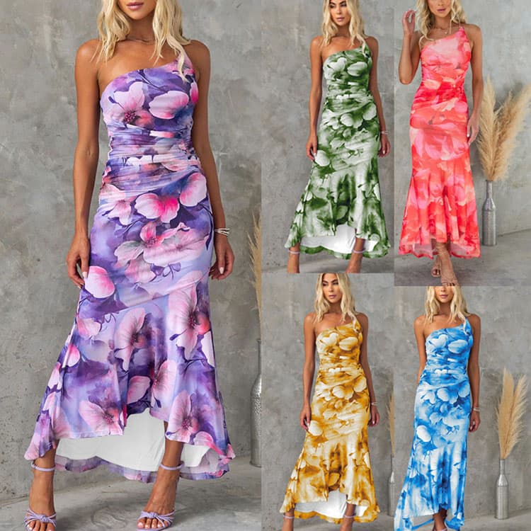 Printed Stretch Dress Wholesale Ruffle Hem Maxi Dress Custom logo Sexy Pleated Dress Factory Directly