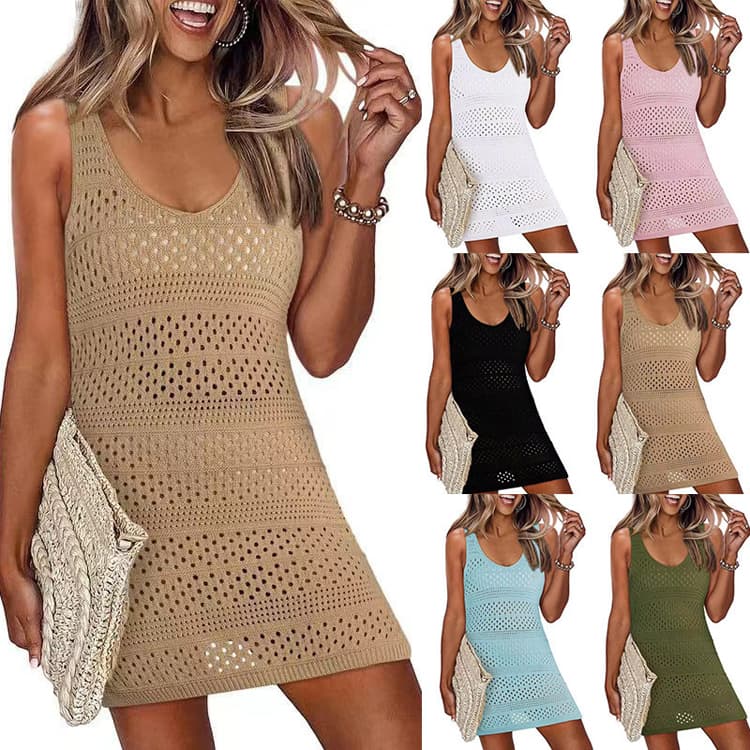 New Solid Color Vacation Sexy Knitted Dresses Hollow Vest Dresses Bikini Cover up