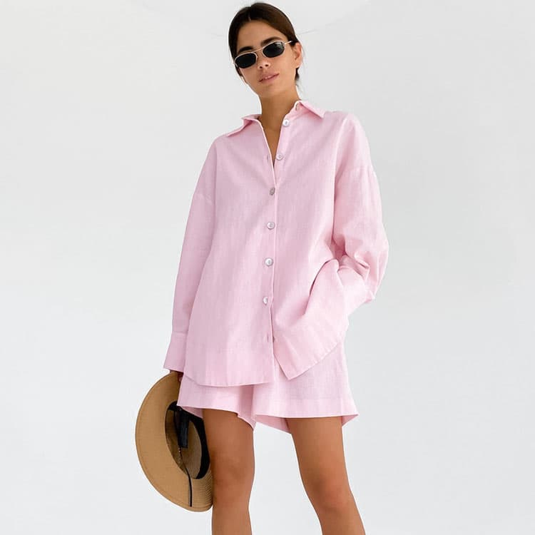 100% Cotton Women Set Wholesale Lapel Long Sleeved Top Custom logo Elastic Shorts Factory Directly