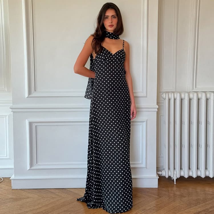 Polka Dot Casual Dress Wholesale Silk Scarf Camisole Dress Custom logo Fashion Maxi Dress Factory Direct
