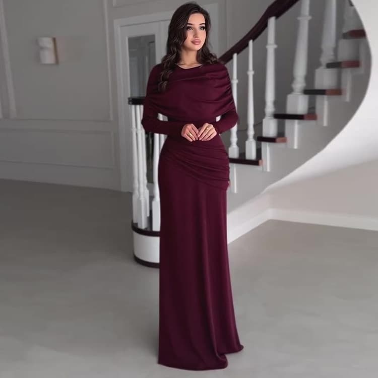Simple Solid Color Dress Wholesale Pleated Maxi Dress Custom logo Long Sleeve Dress Factory Direct