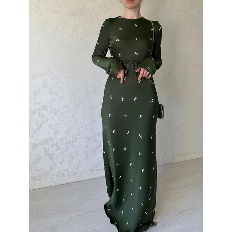 New Autumn Fashion Ladies Elegant Floral Printed Dress Solid Long Sleeve Crew Collar Slim Ruffled Loose Long Dress