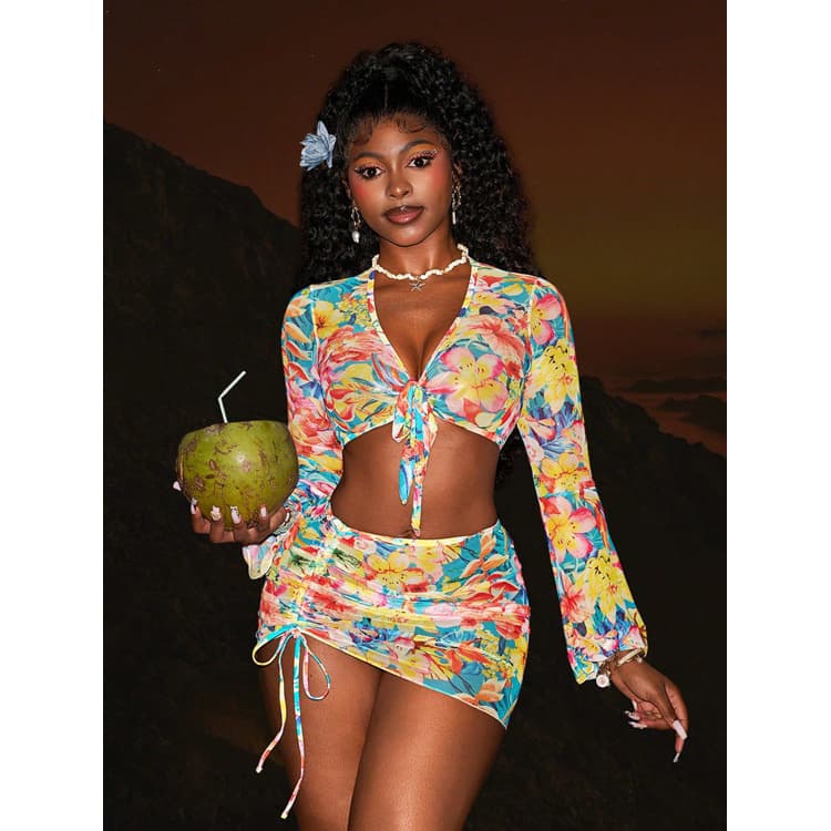 Wholesale Long Sleeved Cover up Bikini Four Piece Yellow Bikini Tropical Printed Swimsuit for Women
