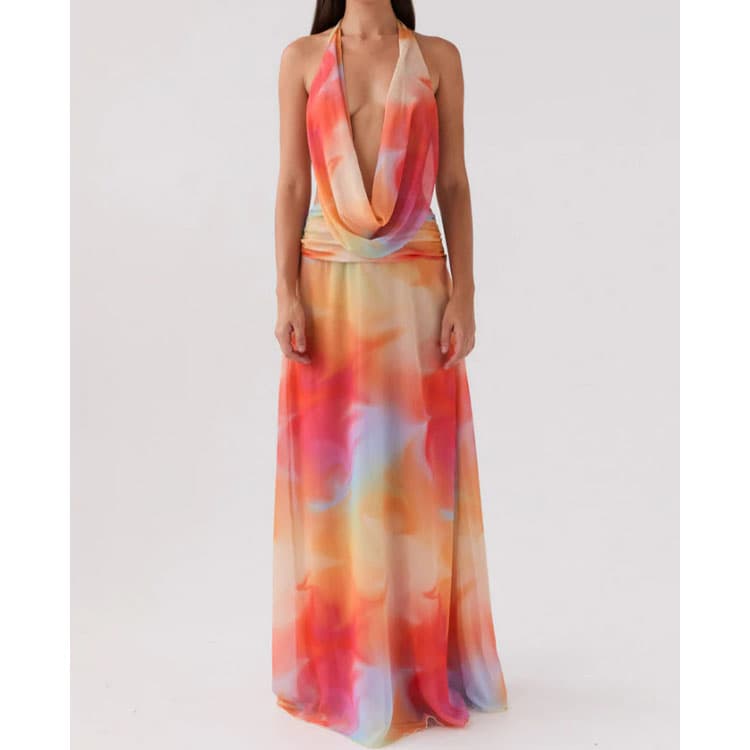 Halter Neck Printed Dress Wholesale Loose Mesh Maxi Dress Custom logo Deep V Neck Dress Factory Direct