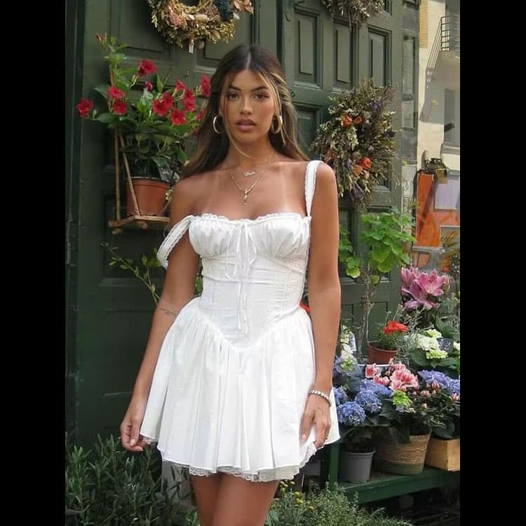 New Sexy Princess Short Dress Fishbone Waist Slim Suspender Women Dress Waist Corset with Tiered Pleated Dress