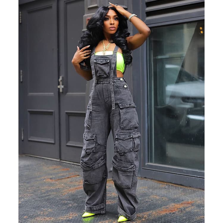 Wholesale Workwear Overalls Loose Jeans Women Street Jeans Fashion Multi Pocket Jumpsuit Jeans