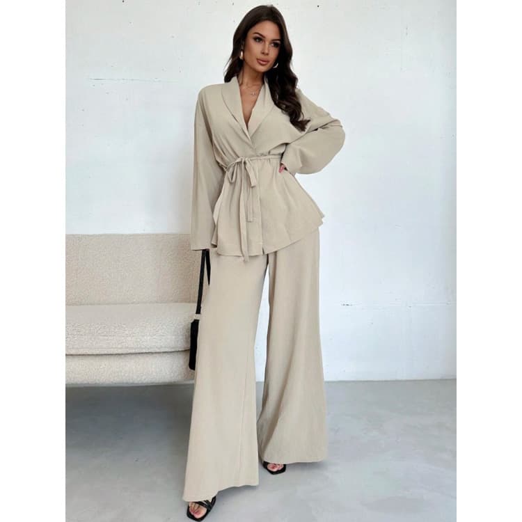Wenshuo Long Sleeve Belted Top Wholesale Solid Color Minimalist Suit Custom logo Stylish commuter Suit Factory Direct