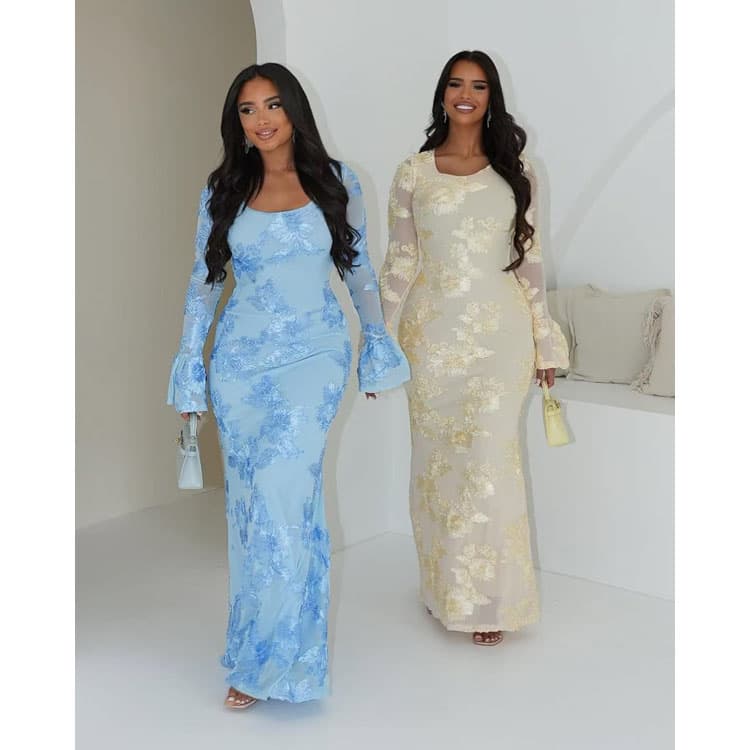 New Embroidery Casual Dress Backless Flare Sleeve Elegant Dress Solid Color Slim Fit Lady Dress