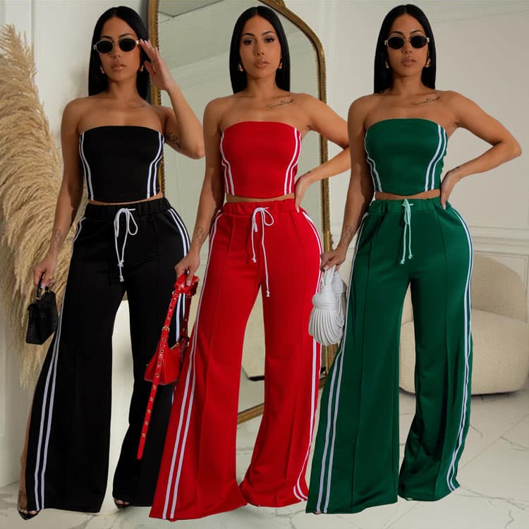 Wholesale Women Two Piece Sets Sexy Sports Wear Tube Top with High Slit Wide Leg Pants Summer Trousers with Adjustable Waistband
