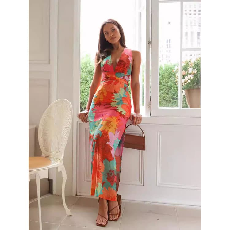 Printed Beach Dress Custom logo Deep V Casual Long Dress Wholesale Fashion Split Skirt Factory Directly