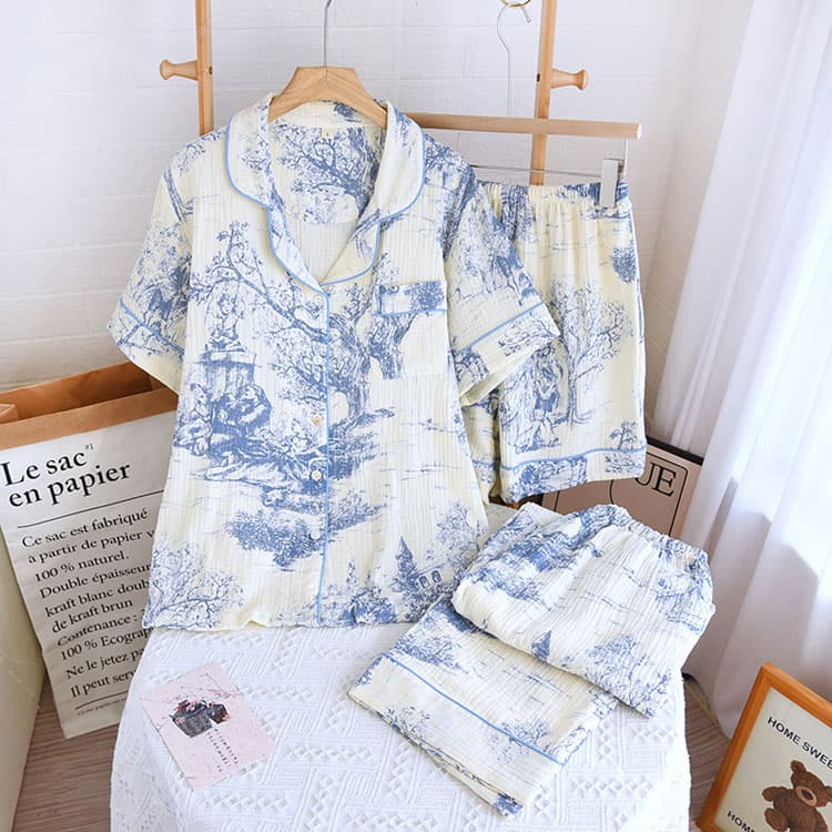 Ink Painting Pajama Set Custom logo Casual Home Wear Three Piece Set Wholesale Lapel Short Sleeved Top Factory Directly