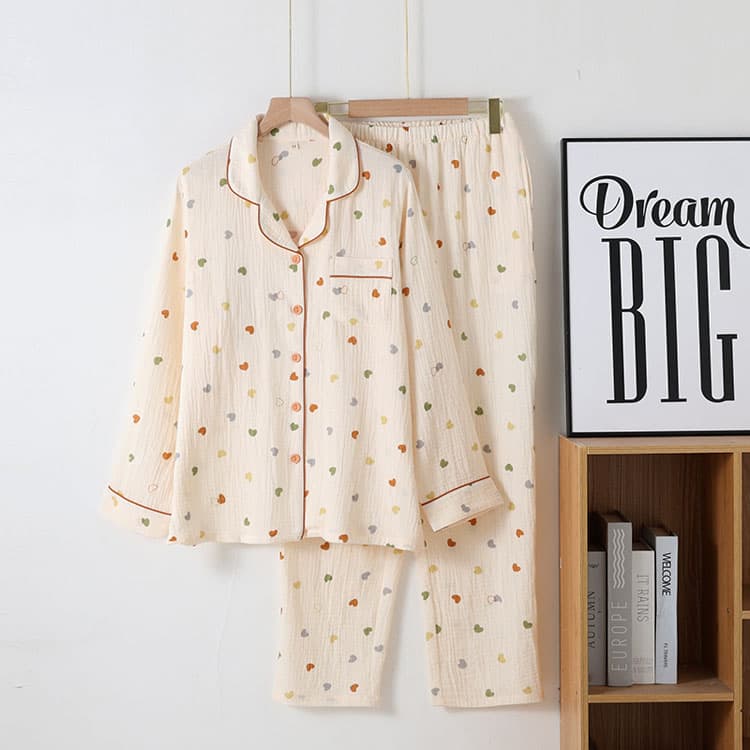 Cotton Pajama Set Custom logo Lounge Wear Wholesale Lapel Long Sleeve Top Factory Directly