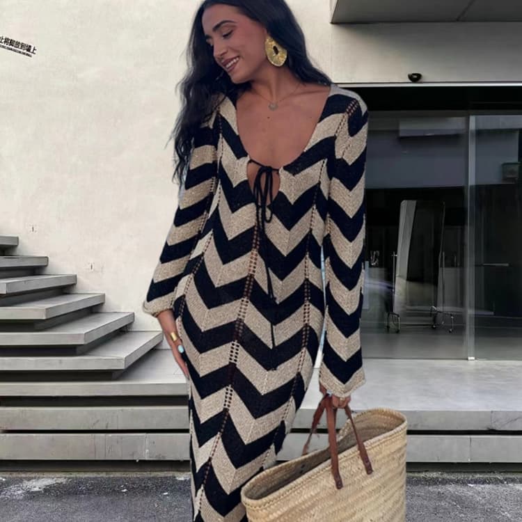 Wholesale Bikini Dresses Sexy Tie Long Sleeve Dress Hollow High Waist V Neck Zebra Print Dresses for Women
