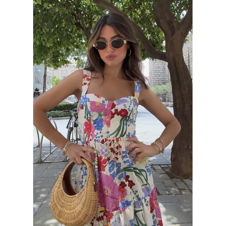Women Flower Printed Dress 2024 Popular Small Floral Suspender Dress Sweet Pleated Midi Dress