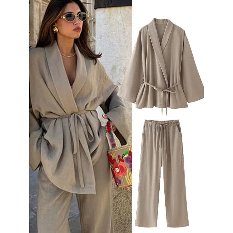 Lapel Long Sleeve Top Custom logo Solid Color Casual Suit Wholesale Elastic Waist Pants Factory Direct