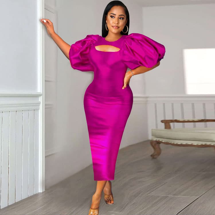Summer New Round Neck Bubble Sleeve Dress High Waist Long Dress Slim Party Dress