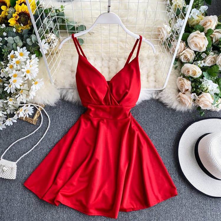 Woman Sexy Deep V Backless Slip Dress Solid Color Tie Waist a Line Figure Flattering Party Dress