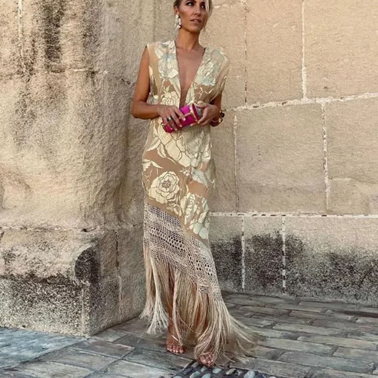 New Retro Stamped Sleeveless Sexy Printed Open Back Fringed Tassel Mid Length Women Casual Dress