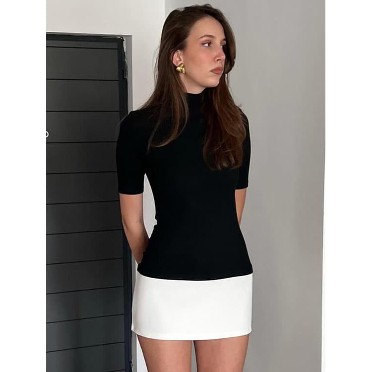 Wholesale Black White Patchwork Design Dresses Half High Neck Sexy Dresses Elegant Girls Dresses