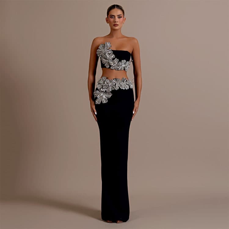 2025 New Design Flower Diamond Evening Dress Women Bandage Suit Sexy Tube Top Long Skirt Two Piece Suit High Quality