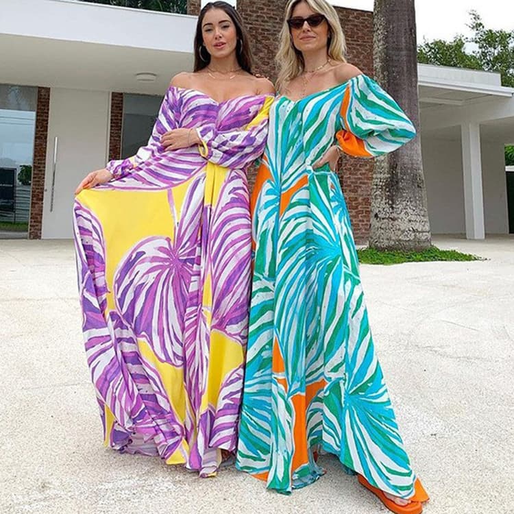 Summer 2023 Womens One Shoulder Long Loose Skirt Colorful Print Design Dress
