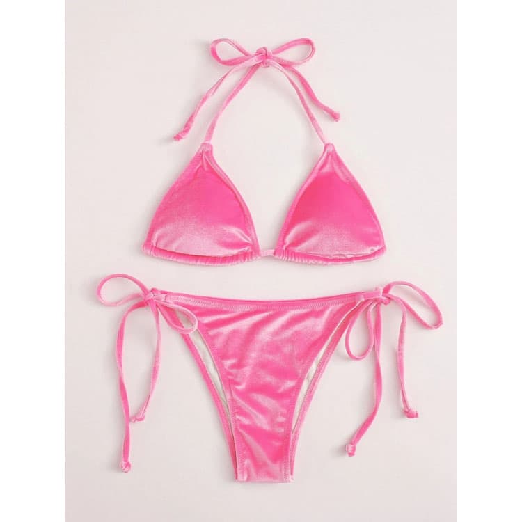 2023 New Sexy Velvet Lace up High Waist Solid Color Bikini Women Swimwear