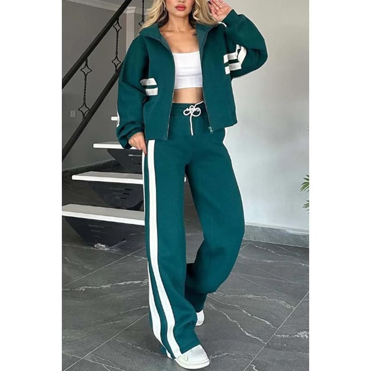 Wenshuo Collared Striped Top Wholesale Simple Drawstring Trousers Custom logo Stylish Loose Tracksuit Factory Direct