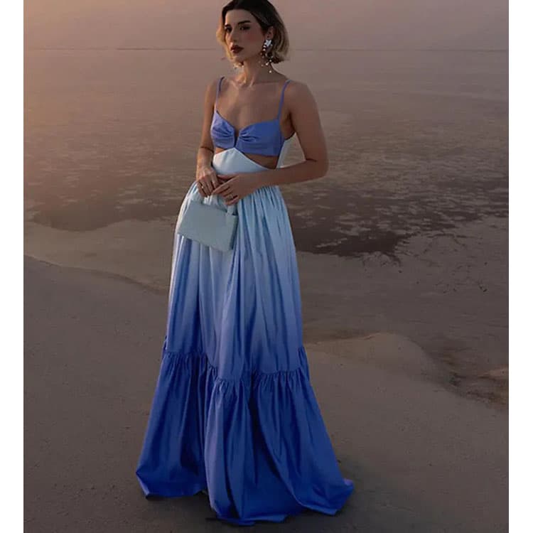 Hot Sell 2024 New Elegant Gradient Colour Waistless Sexy Halter Dress Women Casual Long Dresses