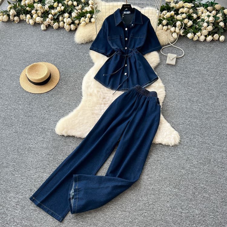 Wenshuo Casual Denim Suit Wholesale Drawstring Short Sleeve Top Custom logo Stylish Solid Color Suit Factory Direct