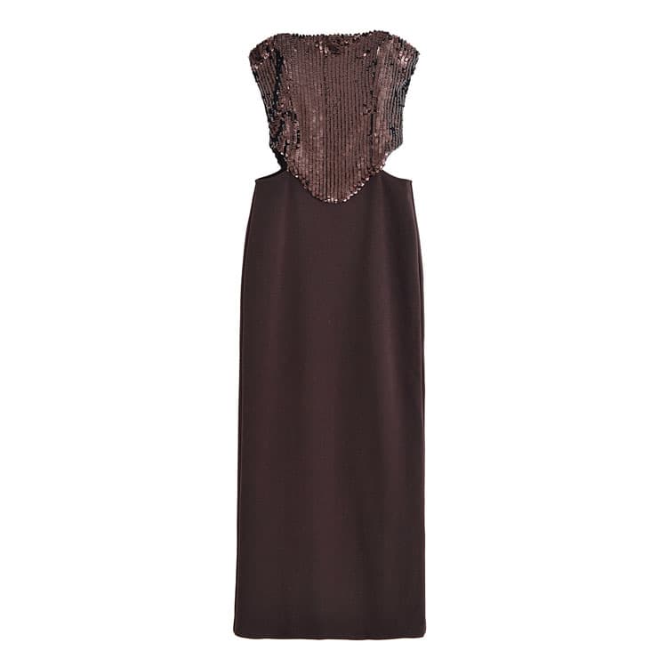 New Women Sequin Dress Sexy Strapless Bandeau Club Dress Brown Strapless Women Hollow Evening Dress