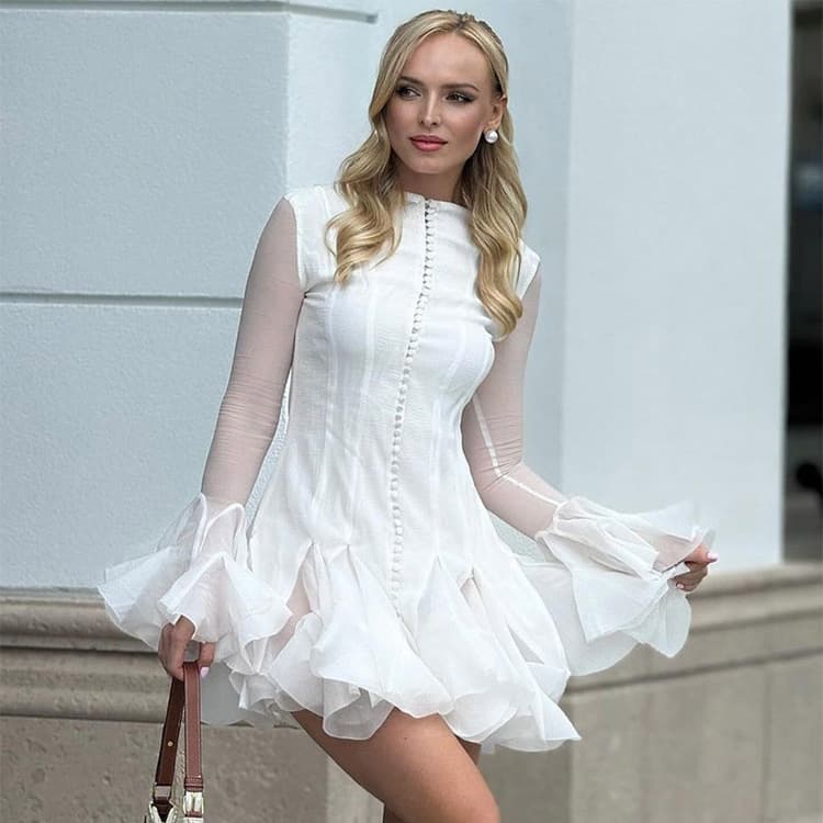 Gentle Lady Casual Dress Spring and Autumn New Design Button Women Dress Petal Bell Long Sleeve Slim Ruffle Elegant Dress
