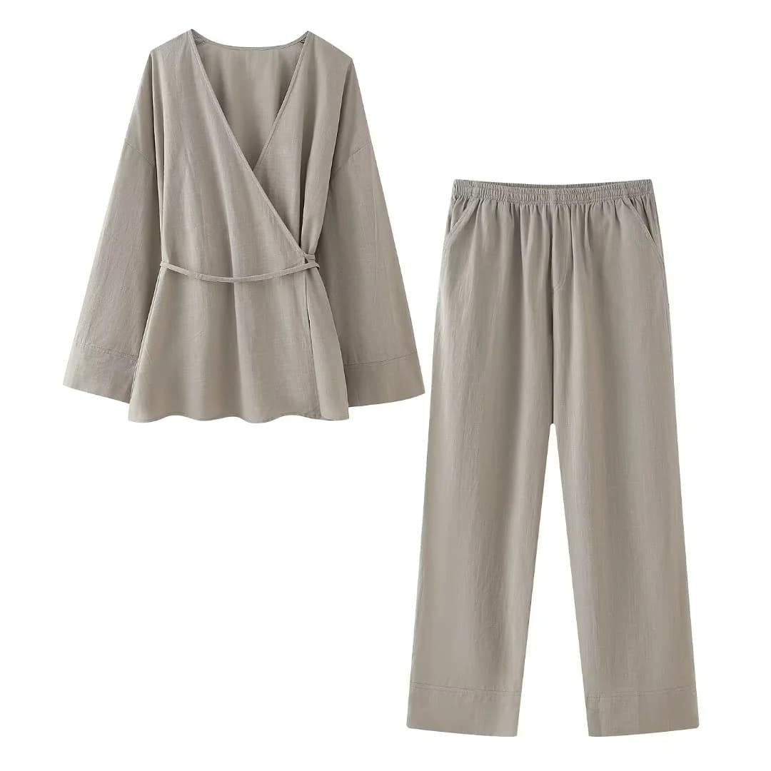 V neck long sleeved suit wholesale Double breasted kimono custom logo Elastic trousers factory directly