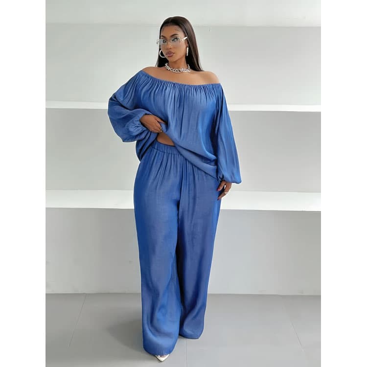 Oversize Simple Women Suit Custom logo Long Sleeve off the Shoulder Top Wholesale Solid Color Trousers Factory Direct