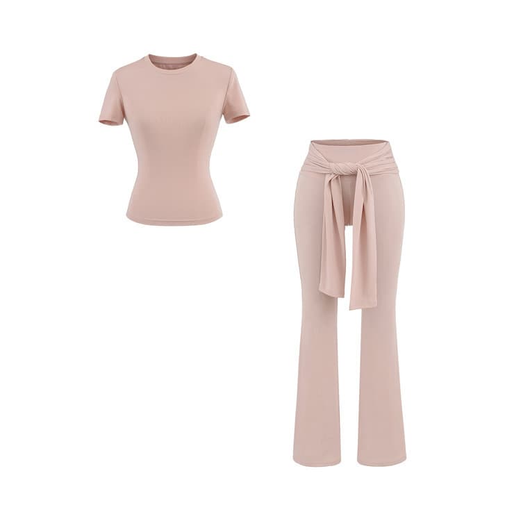 Wenshuo Elastic Sportswear Set Wholesale Simple Solid Color Set Custom logo Elastic Flared Pants Factory Direct