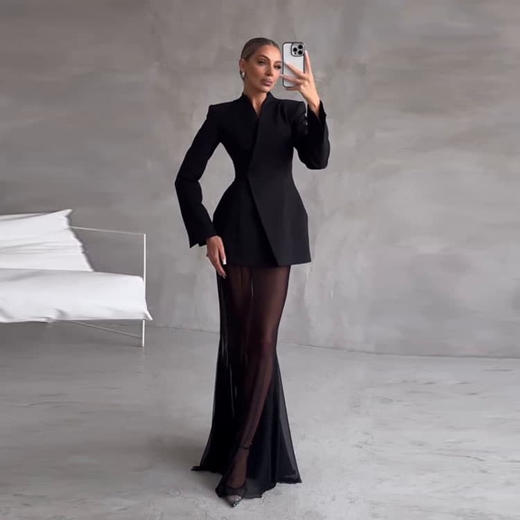Fashion Design Suit Wholesale Lapel Long Sleeve Blazer Custom logo Mesh Sheer Skirt Factory Direct
