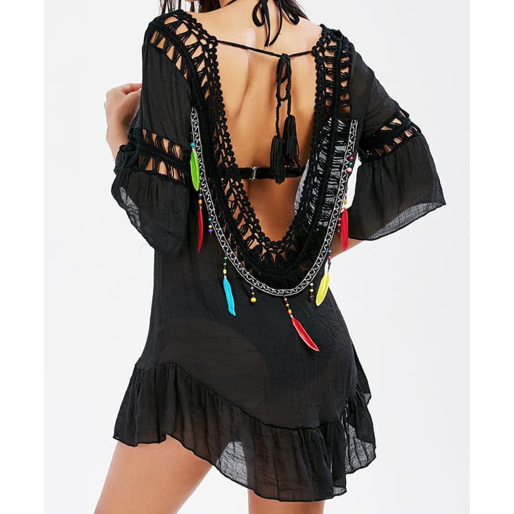 New Backless Crochet Beachwear Hollow Colored Feather Fringed Beach Blouse Bikini Cover Ups