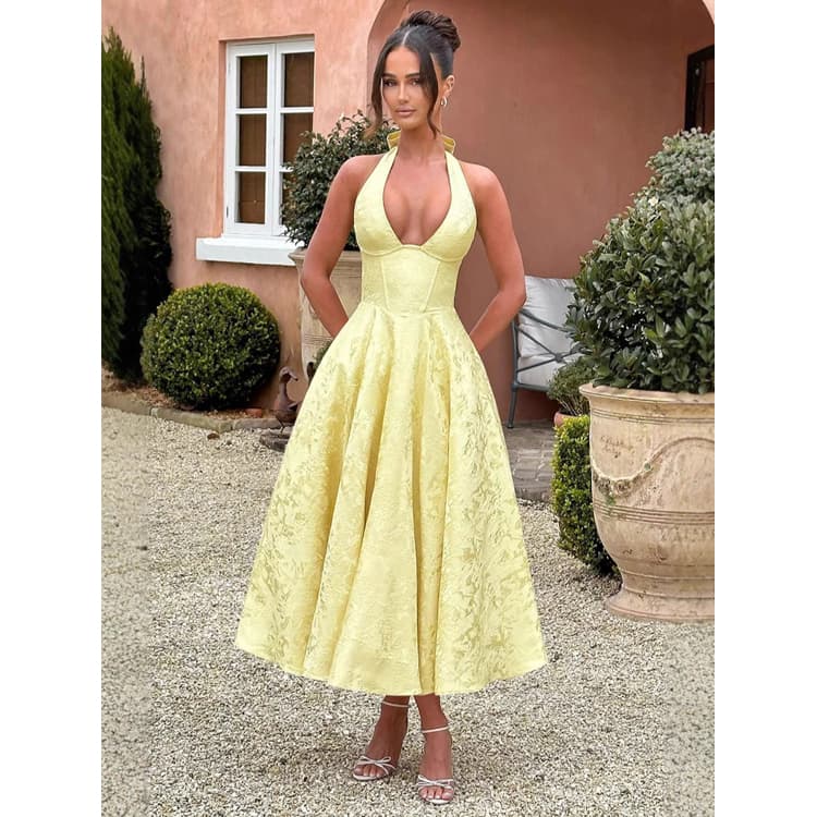 Wholesale French Retro Dresses Solid Color Vacation Style Dresses V Neck Halter Jacquard Waist Dresses